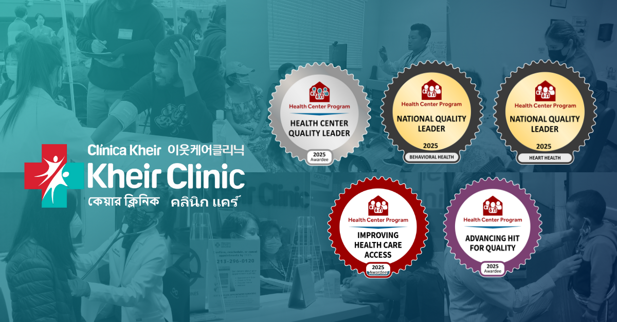 Five Community Health Quality Recognition badges displayed on the right side, awarded to Kheir Clinic for excellence in care. The Kheir Clinic logo appears on the left side of the image.